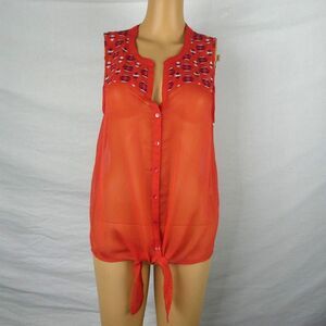 Lucky Brand Orange Tangerine Sleeveless Tie Front Semi Sheer Blouse Embroidered